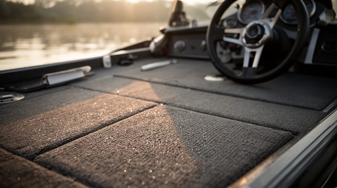 A carpeted bow casting deck at dusk with the steering console behind it.