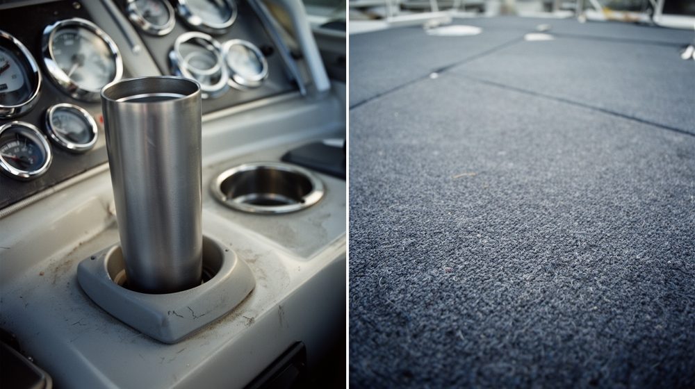 A stainless tumbler standing in a round recessed console drink holder, carpeted deck alongside.