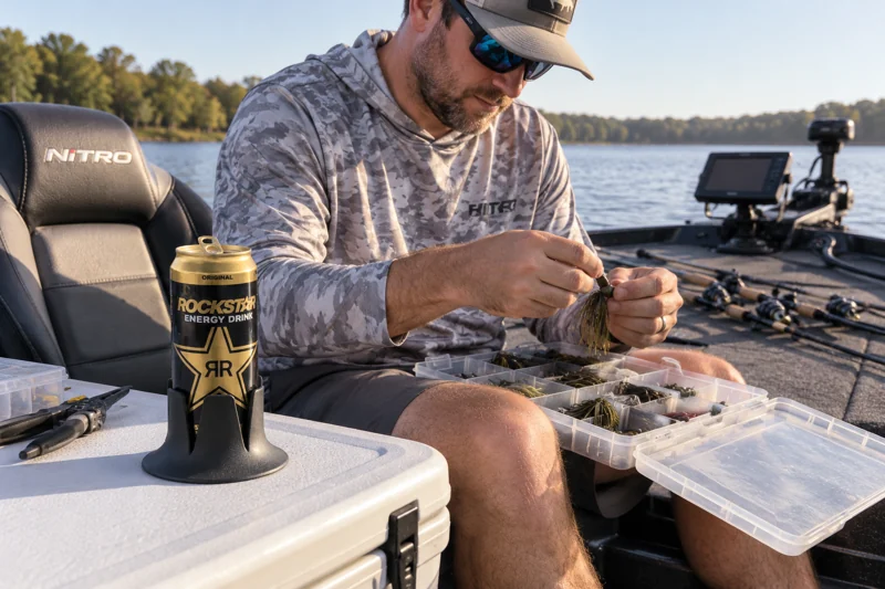 Adult angler sorting tackle on stationary bass boat with opened energy-drink can in Steadi on broad flat supported cooler lid in stationary boat within seated angler reach. AI illustration.
