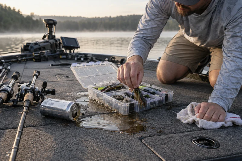 Reaching for lure box tips can; sticky drink reaches carpeted casting deck and open tackle tray. AI illustration.
